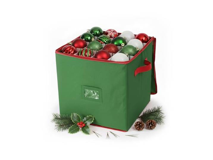 Relaxdays Boîte de rangement pour boules de Noël\, 64 boules\, 33 x 33 x 33 cm\, polyester\, carton\, vert/rouge