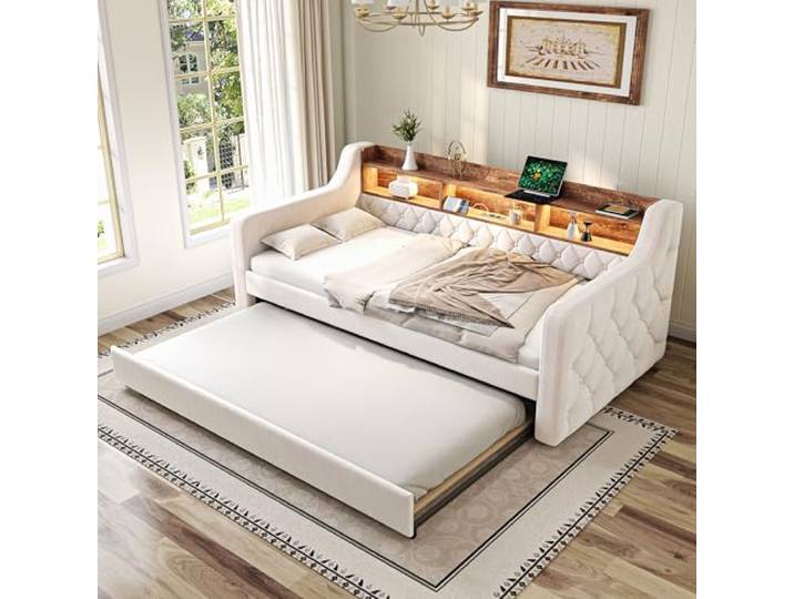 Ball & Cast Sofabett Tagesbett (90x190cm) mit Ambientelicht & USB-C-Anschluss, Jugendbett mit Ausziehbett, Zeitsparende Montage, Beige