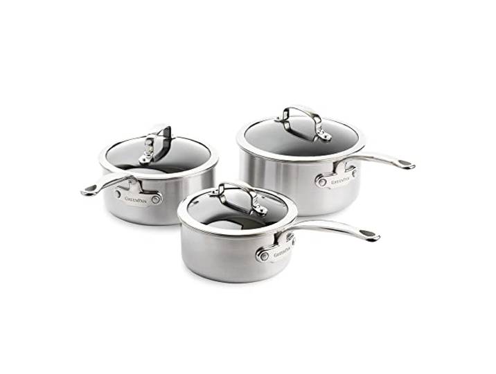 GreenPan Premiere 3-Ply Stielkasserollen-Set, Glasdeckel 3-Ply Edelstahl, Keramik-Antihaft, für Induktion, Glasdeckel