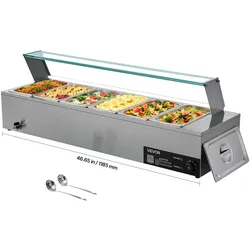 VEVOR kommerzieller Speisenwärmer (6 x 1/3 Größe Behälter), 1,5 kW elektrischer Wärmebehälter aus Edelstahl mit Glasabdeckung & Suppenkelle, Chafing Dishes für Catering Restaurant Party