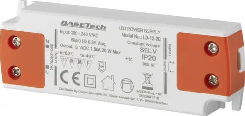 Basetech LD-12-20 LED-Trafo Konstantspannung 20W 1.66A Möbelzulassung, Überspannung, Montage auf entflammbaren Oberflächen 1St.