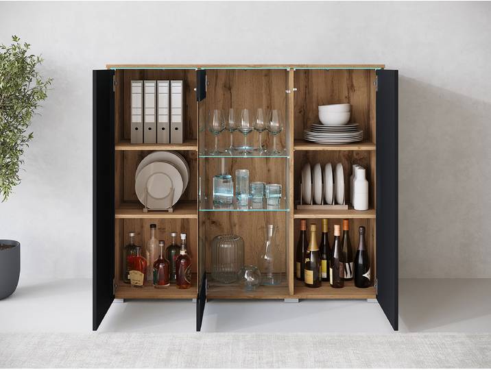 Commode lumineuse 120 x 103 x 40cm Marron/Noir/Noir brillant/Imitation chêne Wotan