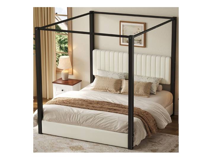 HAUSS SPOLE Polsterbett Polsterbett 180x200 Himmelbettgestell,Doppelbett Himmelbett,Schwarz (Himmelbett mit Samtbezug & gepolstertem Kopfteil,Schlafzimmerbett), mit Metallrahmen,ohne Matratze