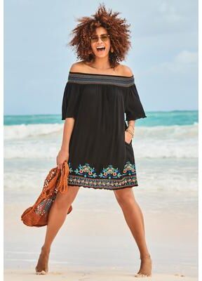 Plus Size Women's Off-The-Shoulder Cover Up by Swim 365 in Black Multi (Size 18/20) Swimsuit Cover Up