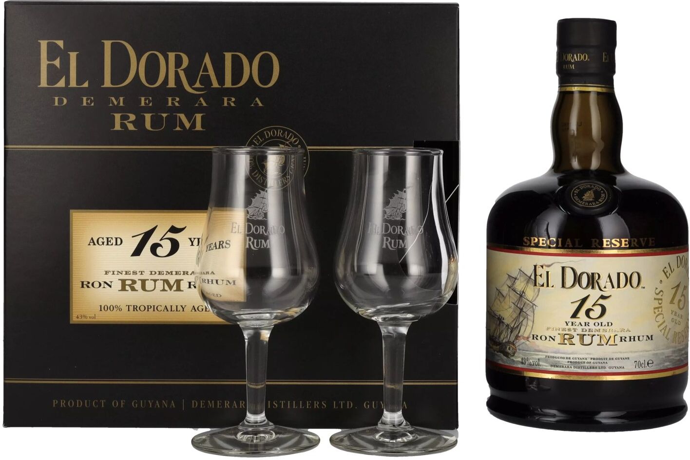 El Dorado 15 Years Old Finest Demerara Rum SPECIAL RESERVE 43% Vol. 0,7l in geschenkverpakking met 2 Bril