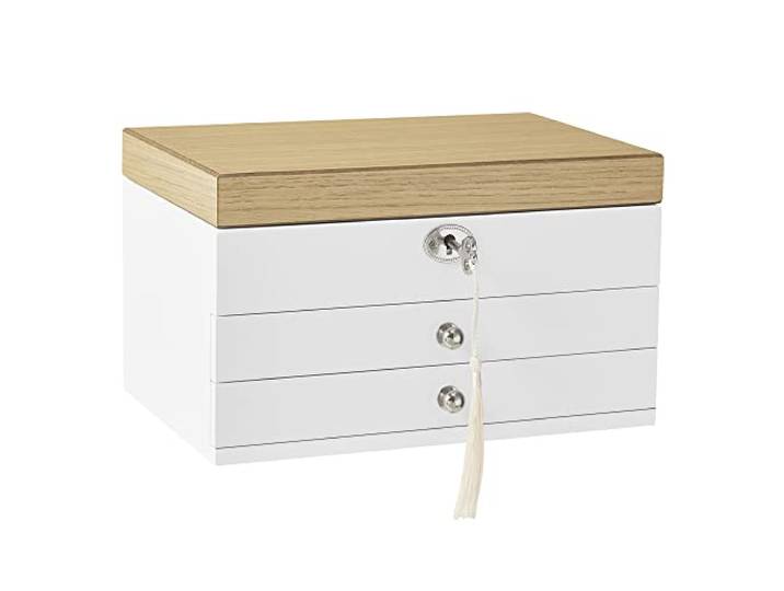 SONGMICS Boîte à Bijoux à 3 Niveaux\, Rangement à Bijoux en Bois d'Ingénierie\, Coffret à Bijoux avec Tiroirs\, pour Bagues\, Boucles d’Oreilles\, Bracelets\, Colliers\, Blanc JOW15WN