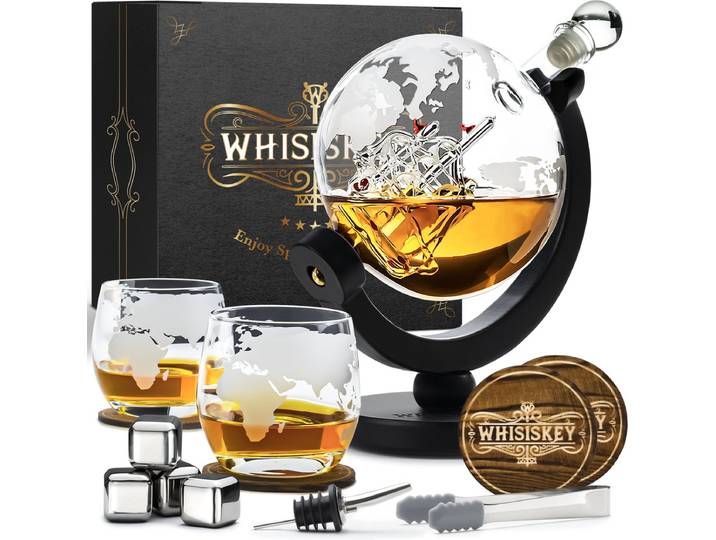 Whisiskey Whiskey Karaf - Wereldbol - Luxe Whisky Karaf Set - 0\,9 L - Decanteer karaf - Whiskey Set - Incl. 4 RVS Whiskey Stones\, 2 Whiskey Glazen & Extra Accessoires - Vaderdag Cadeau
