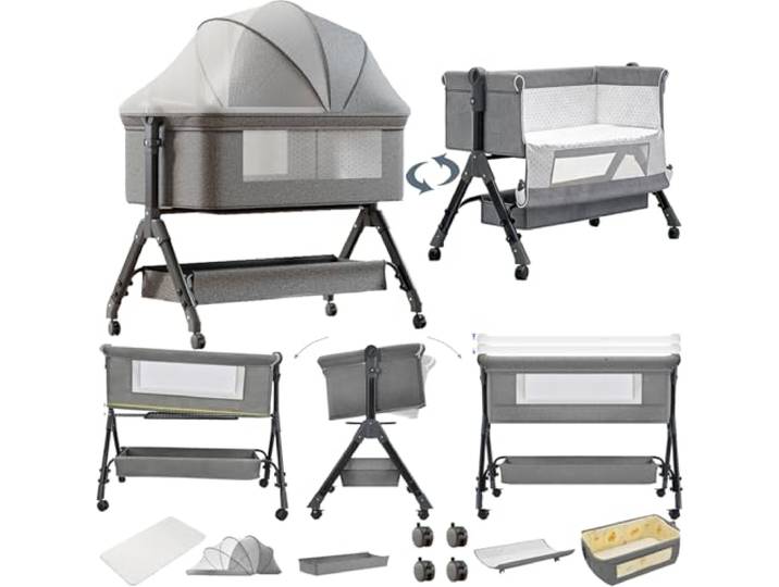 Magic ZC Beistellbett Baby mit Wickeltisch, Klappbares Stubenwagen Baby, Multifunktional Babybett, 3-Fach Höhenverstellbar (X3 Grey)