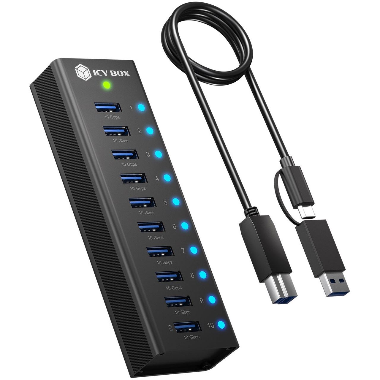 Icy Box Hub 10-Port IcyBox USB 3.2 IB-AC6110a mit USB Ladeanschluss