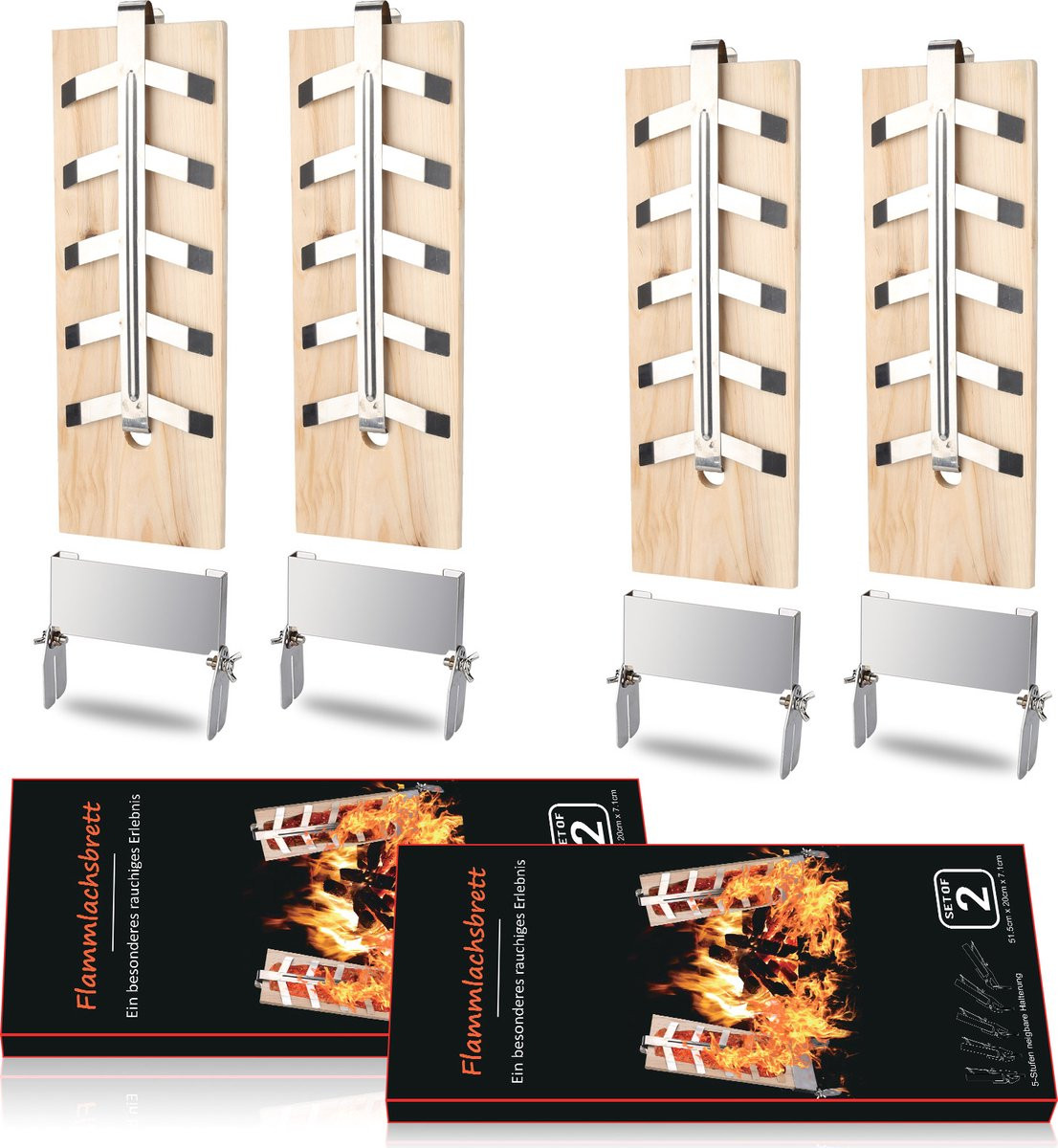 Smoky Grillplank Flame set van 4 houten barbecue grillplanken met verstelbare rookhouders, bruin