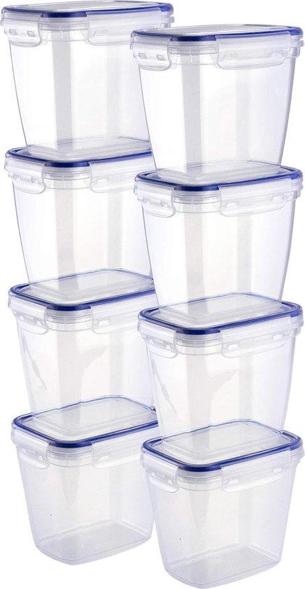 Famanu Set van 8 stapelbare vershoudbakken, rechthoekig, kunststof, magnetronbestendig
