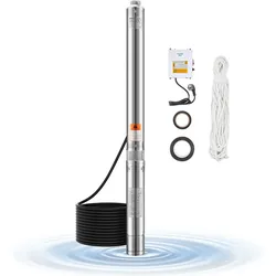 VEVOR Tiefbrunnenpumpe, 750 W Eingangsleistung, 65 L/min Durchfluss, 64 m Förderhöhe, mit 20 m Kabel, externer Steuerkasten, Edelstahl-Wasserpumpe, für industrielle Bewässerung und Heimgebrauch, IP68