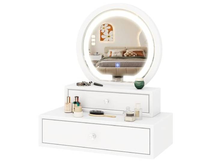 COSTWAY Spiegel mit 2 Schubladen Schminktisch Runder Schminkspiegel Spiegelschrank Frisiertisch Kosmetiktisch