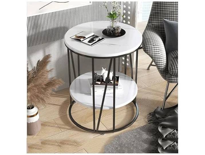 AZHKJKZH Nachttisch 20 Zoll Breiter Beistelltisch, Runder Aus Kunstmarmor, Moderner Kleiner Metallrahmen, Heimdekoration, Nachttisch Für Wohnzimmer Wohnzimmer Schlafzimmer(White Black)