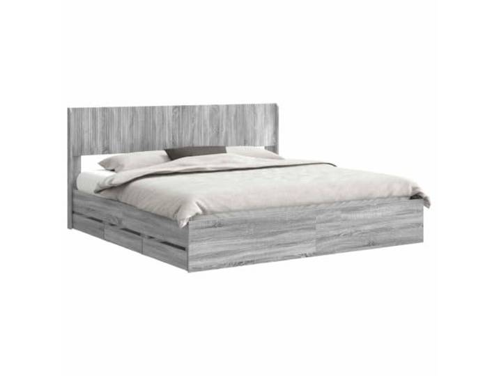 PUGYNBK Bettrahmen mit Aufbewahrung, Sonoma, Grau Gearbeitetes Holz, funktionales Kopfteil, Lattenrost, integrierte Fächer