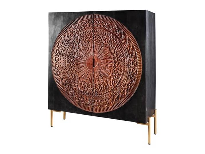 Riess Ambiente Highboard Mandala - 100x120x38cm - schwarz - Mangoholz Soft Close, montiert geliefert, Metallgestell, natürliche Maserung, Gold-Finish, Ornament-Verzierung