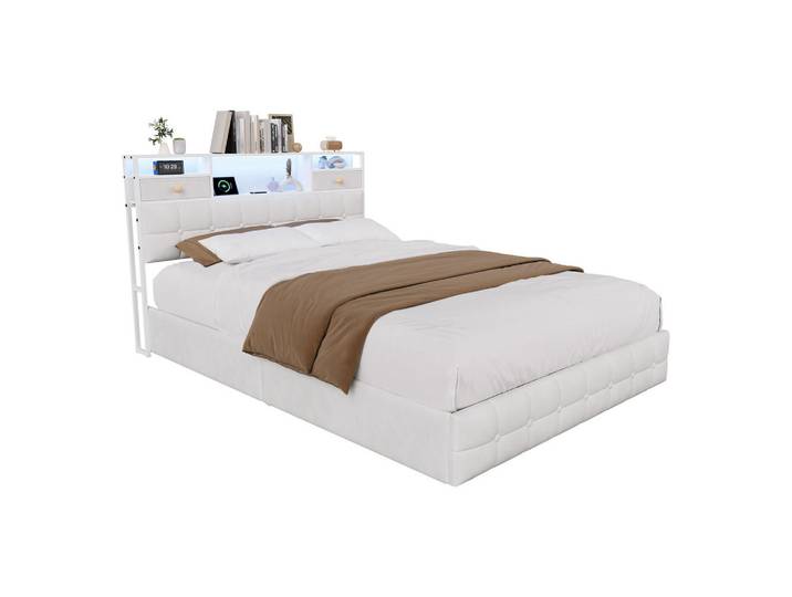 Shopentra Polsterbett 140x200cm mit LED-Beleuchtung, Ladestation & Gasdruckfeder, Weiß, Holz, Schlafzimmer, Betten