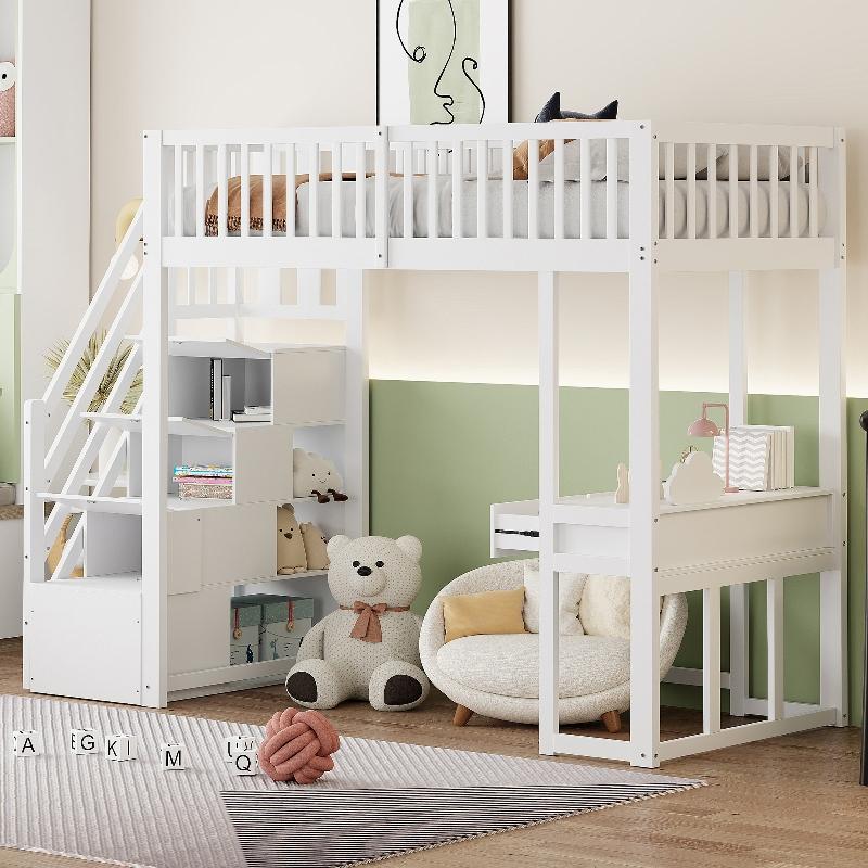 Hochbett 90x200cm mit Multifunktionstisch und Aufbewahrungstreppe, Bettgestell aus Kiefernholz in Weiß für Kinder und Jugendliche