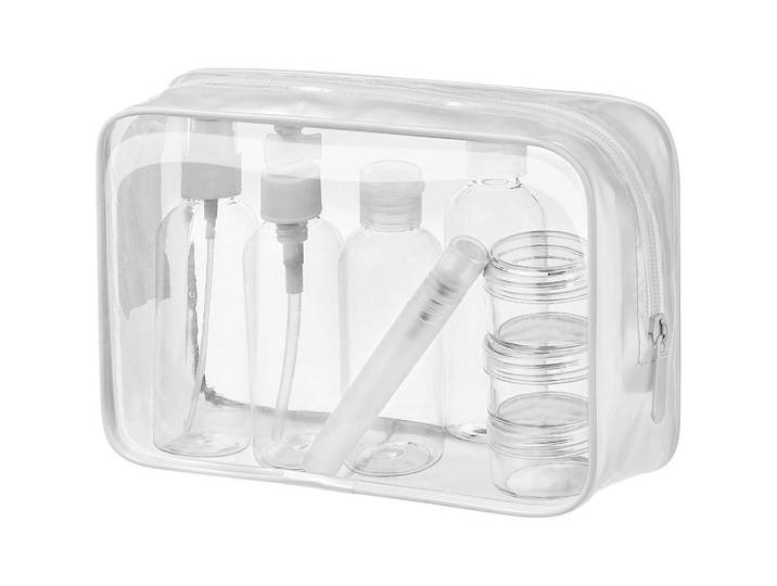Kulturbeutel transparent 8-teiliges Set, Transparent, Kunststoff, 16x6x21 cm, Badaccessoires, Kosmetikdosen