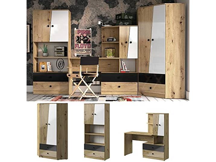 QMM Jugendzimmer Kinderzimmer komplett Neo Set A Schrank Schreibtisch Regale (Schwarz-Matt)