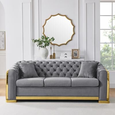 GREATPLANINC Velvet Chesterfield Sofa with 2 Pillows, Tufted Upholstered 3 Seater Sofa, Accent Sofa with Rolled Arms & Stainless Legs