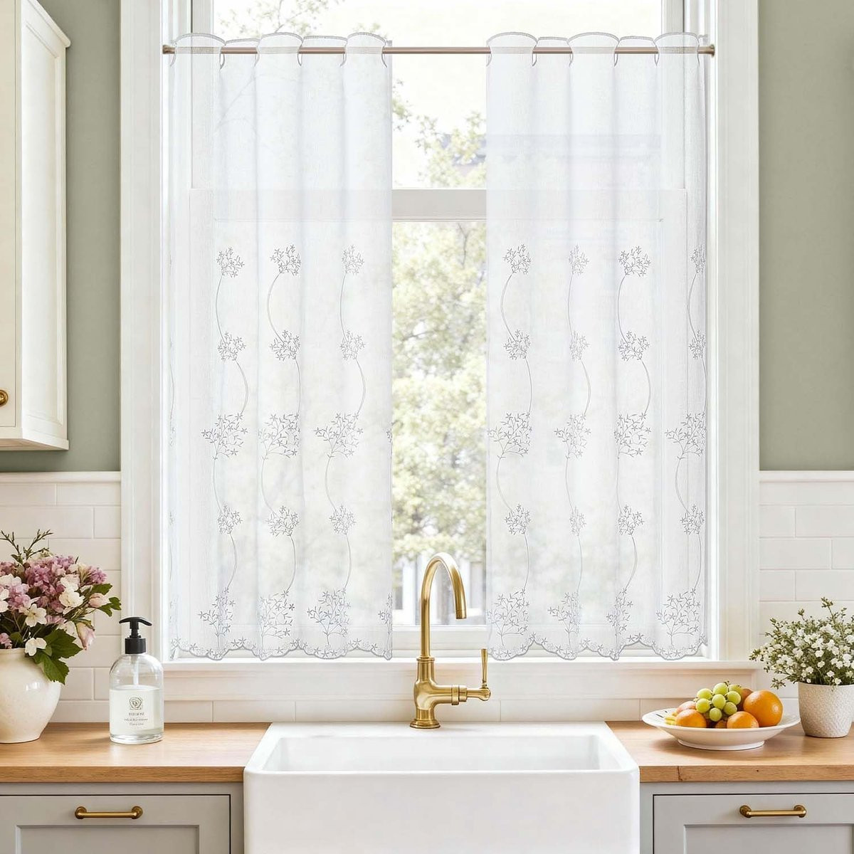 Wit Netgordijn voor de Keuken in Linnenlook - Transparante Vitrage - 65 x 115 cm