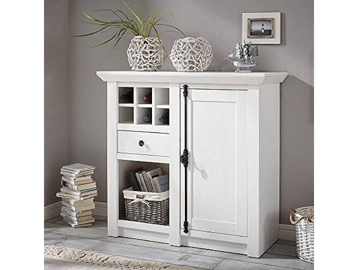 Lomadox Kommode Highboard im Landhaus Stil Dekor Pinie weiß Nb. mit Flaschenregal B/H/T ca. 105x100x45cm