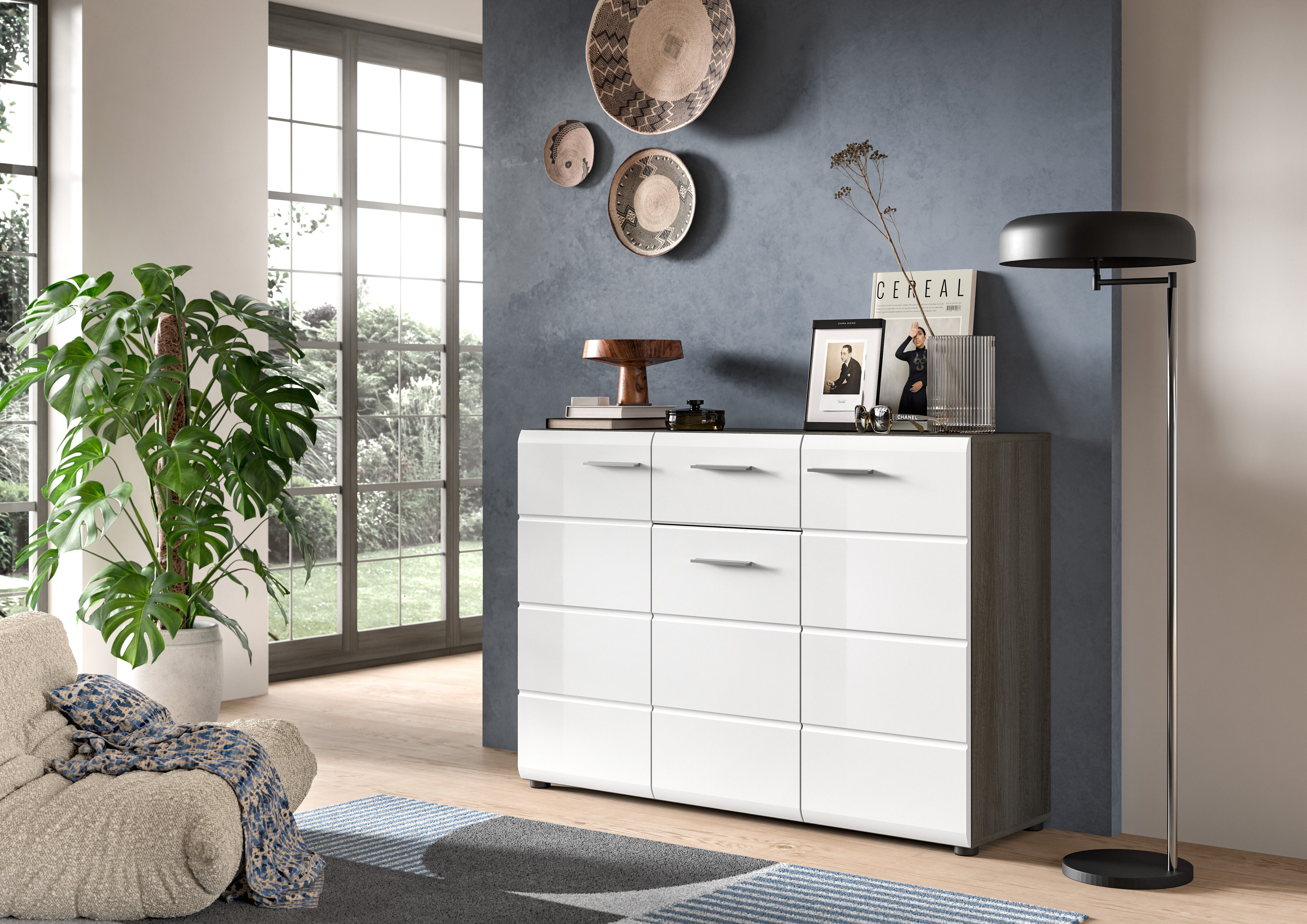 Sideboard HOME AFFAIRE "Rumba, Breite 120cm, in Rauchsilber Nachbildung/Weiss Hochglanz", grau (rauchsilber nachbildung, weiß hochglanz tiefzieh), B:120cm H:85cm T:37cm, Sideboards, Sideboard, Kommode, Sideboard, Schrank rauchsilber nachbildung, weiß hoch