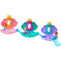 Disney Princess Bath Reveal Meerjungfrauenpuppen, muschelförmiges Überraschungsspielset mit Rutschen-Zubehör