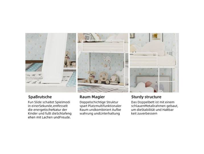 VUENOR Lit superposé 90x190 cm blanc – avec toboggan et échelle sans matelas