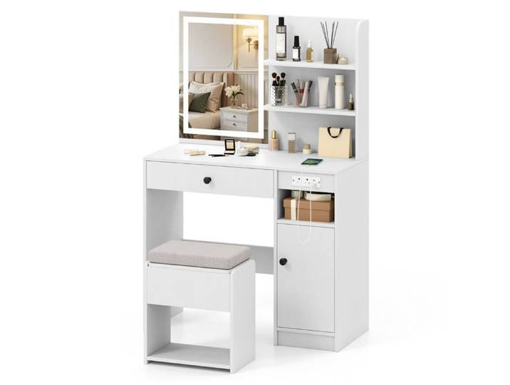 Coiffeuse - HELLOSHOP26 - Miroir lumineux 3 modes - Rangement pratique - Blanc - 90x40x135 5 cm