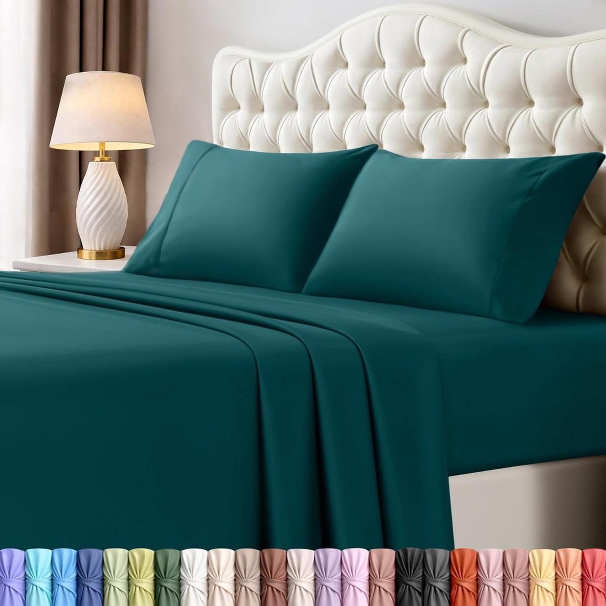 4-delig luxe beddengoedset met elastiek in groenblauw voor kingsize bedden