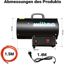 Wiltec Gasheizgebläse 15kW Heizkanone 30W Gas Heissluftgenerator LPG Bauheizer, Heizlüfter, Schwarz