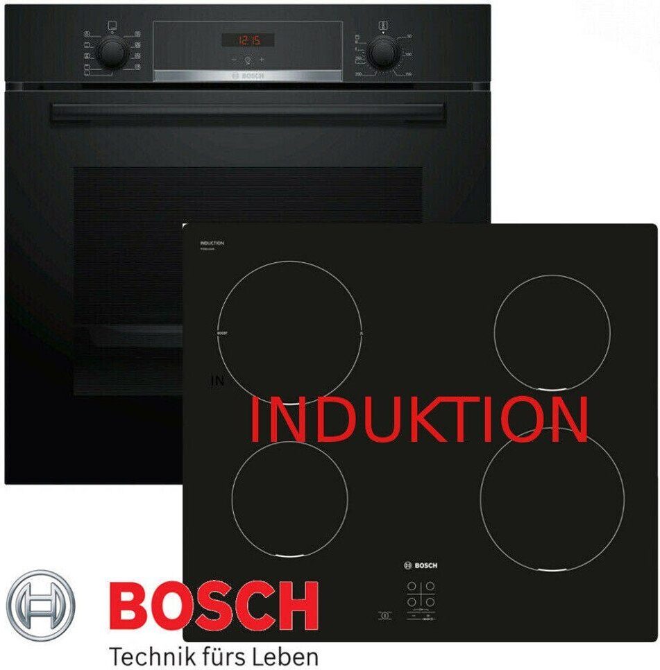 Bosch Herdset Autark Induktion Kochfeld und Backofen Schwarz mit Teleskopauszug.