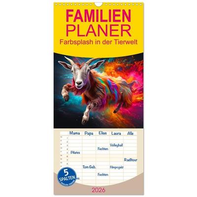 Familienplaner 2026 - Farbsplash in der Tierwelt mit 5 Spalten (Wandkalender, 21 x 45 cm) CALVENDO