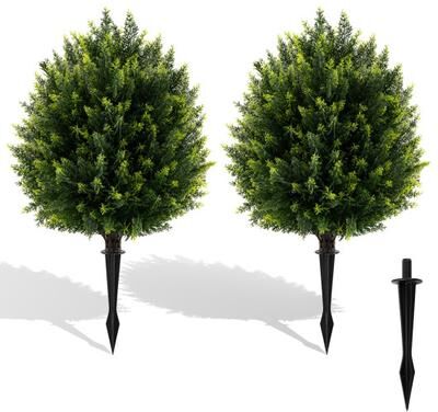 Costway 24 Inches Artificial Cypress Topiary Ball Tree Set with Ground Spike-Green