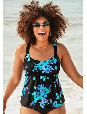 Plus Size Women's Flared Tankini Top by Swimsuits For All in Blue Poppies (Size 22)