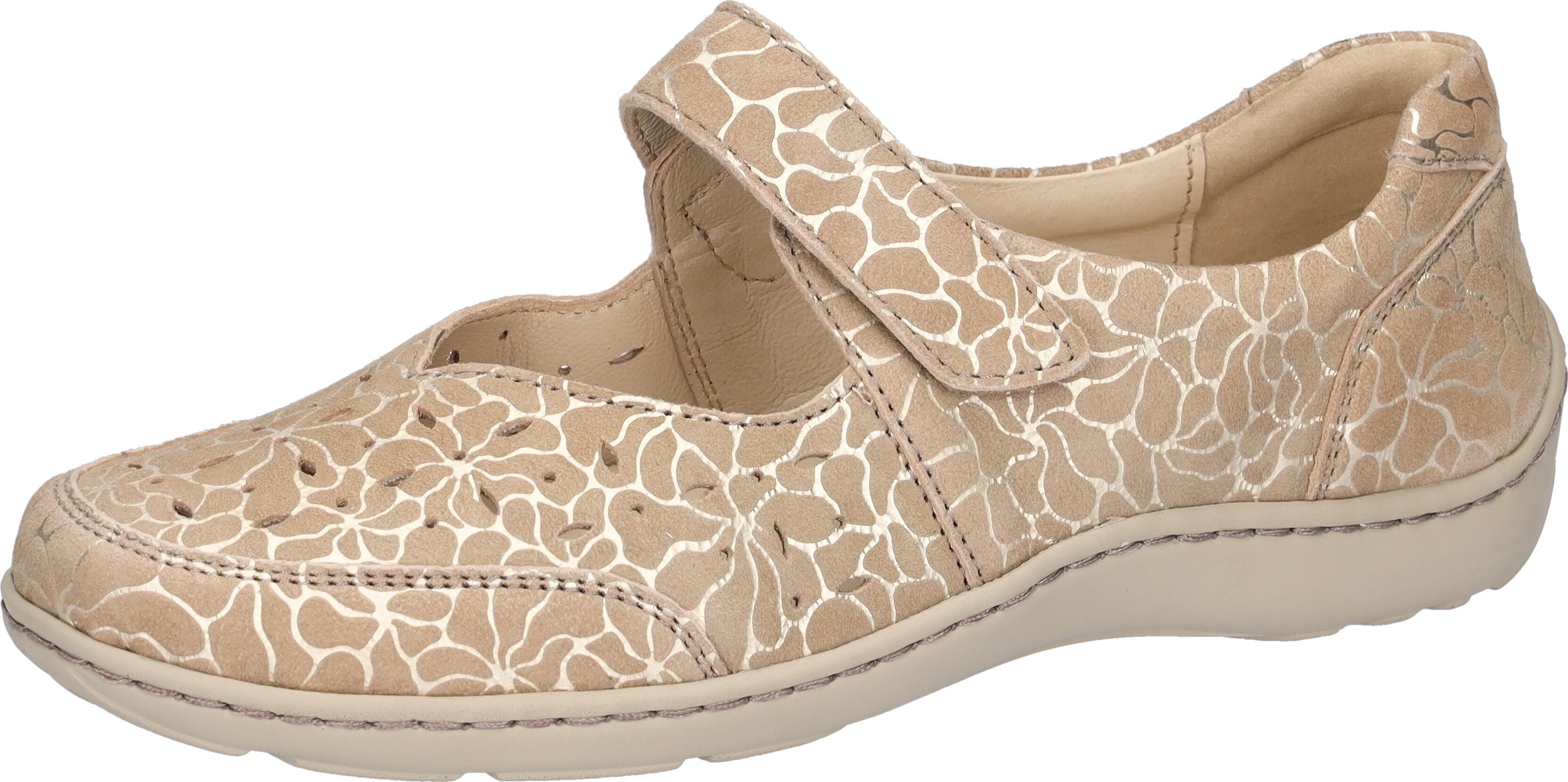 Riemchenballerina WALDLÄUFER "HENNI", Damen, Gr. 6,5, Leder, beige, Nappaleder, gemustert, Schuhe Riemchenballerina, Komfortschuh, Halbschuh in Komfortweite H (= sehr weit)