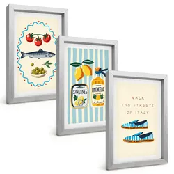 BILDER SET 3er Set - 20x30 cm Silberner Rahmen - Italienische Aromen und Lifestyle-Bilder