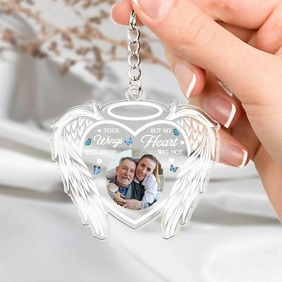 Personalisierter Acryl Gedenkfoto-Schlüsselanhänger benutzerdefinierter Schlüsselanhänger Mitgefühl Andenken für Verlust eines geliebten Menschen Engel Flügel Gedenk Geschenke Erinnerungsdeko -