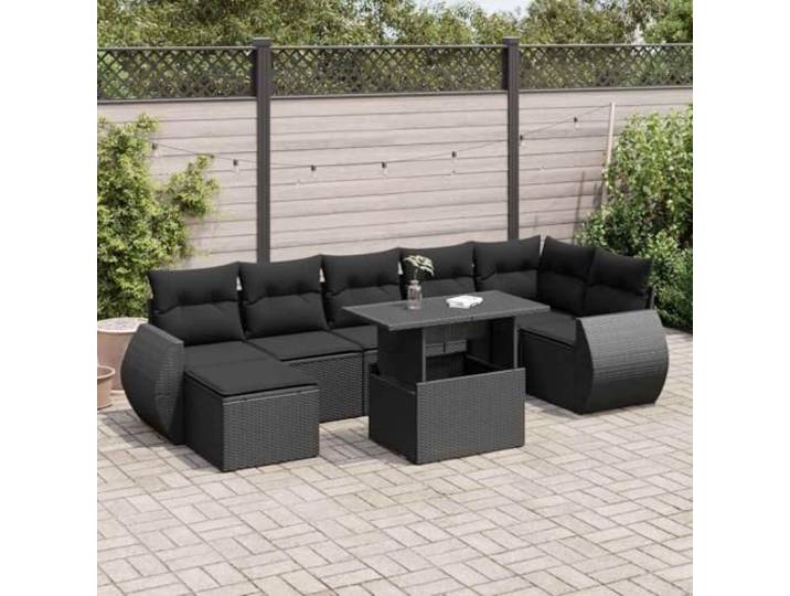 KTHLBRH Gartenmöbel-Set mit Kissen, 8-teilig, schwarz, aus Polyrattan Outdoor Lounge, Tisch mit verstellbarer Tischplatte, Fußstütze, wasserdichtes Gehäuse, pulverbeschichteter Stahl