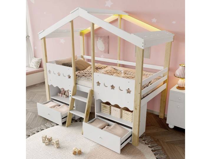 Lit en hauteur Maisentiel Maison 90x200 pin massif blanc/naturel avec LED 2 tiroirs et étagères