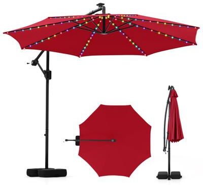 Costway 10 Feet Solar Offset Hanging Umbrella with Base and LED Lights-Red