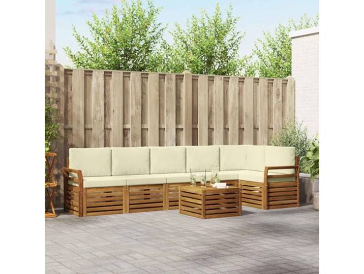 Molumvel Ecksofa Set, 7-TLG. Akazienholz, Natur & Creme Wetterfestes Massivholz, Modulares Design, Inklusive Sitz- & Rückenkissen