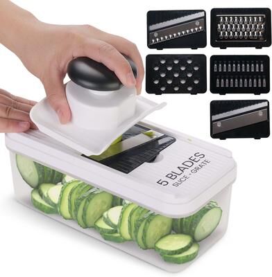 Cheer Collection Vegetable Slicer with 5 Blades and Storage Container Black White
