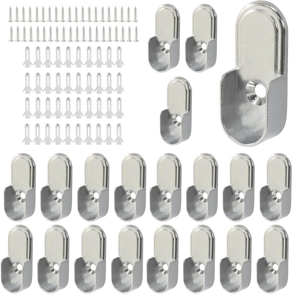 Set van 20 zilverkleurige kaststanghouders voor ovale staven van zware zinklegering