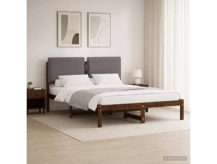 Rechteckiges Bett aus massivem Akazienholz mit gepolstertem Kopfteil Kopfteil gepolstert aus Stoff, Bezug des Kissens abnehmbar und waschbar, Zusammensetzung 100% Polyester Leinenoptik
