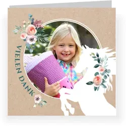 Dankeskarte Einschulung: Blumenpferd mit Fotos in Kraft Look