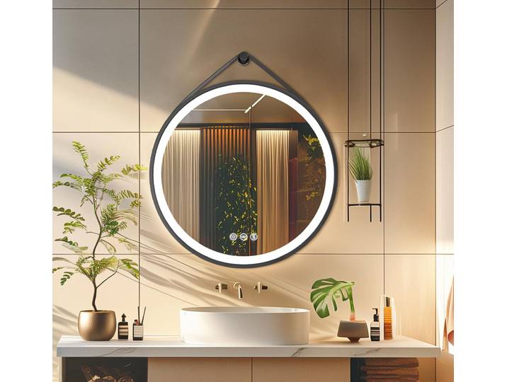 HOMirror-Miroir de maquillage rond à LED avec sangle en cuir, miroir de courtoisie, miroir mural frontal, tactile, anti-buée, 60 cm, 70 cm, 80cm