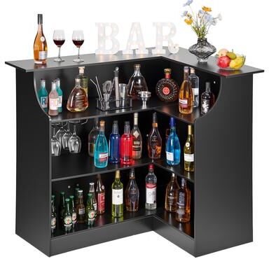 VEVOR Home Bar Unit, L-Shaped Wine Bar Cabinet Table with Storage Shelves, Wine Glass Holder